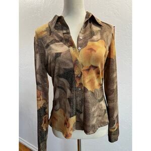 Cache Y2K Metallic Floral Button Front Blouse Medium Long Sleeve Shirt